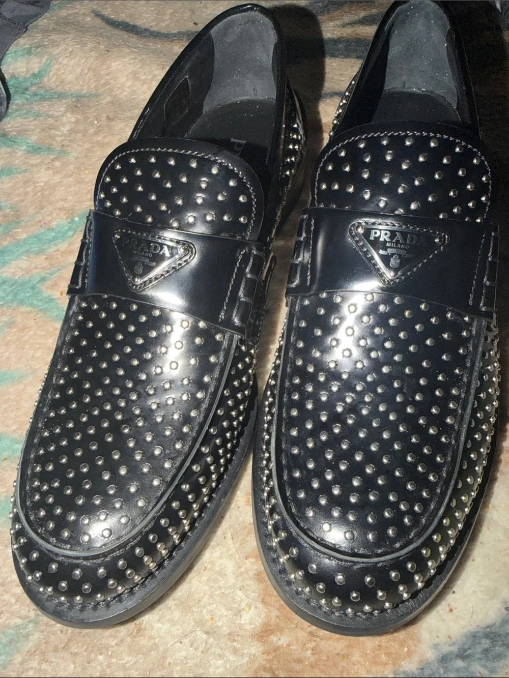 Prada Black Studded Leather Slip-On Loafers